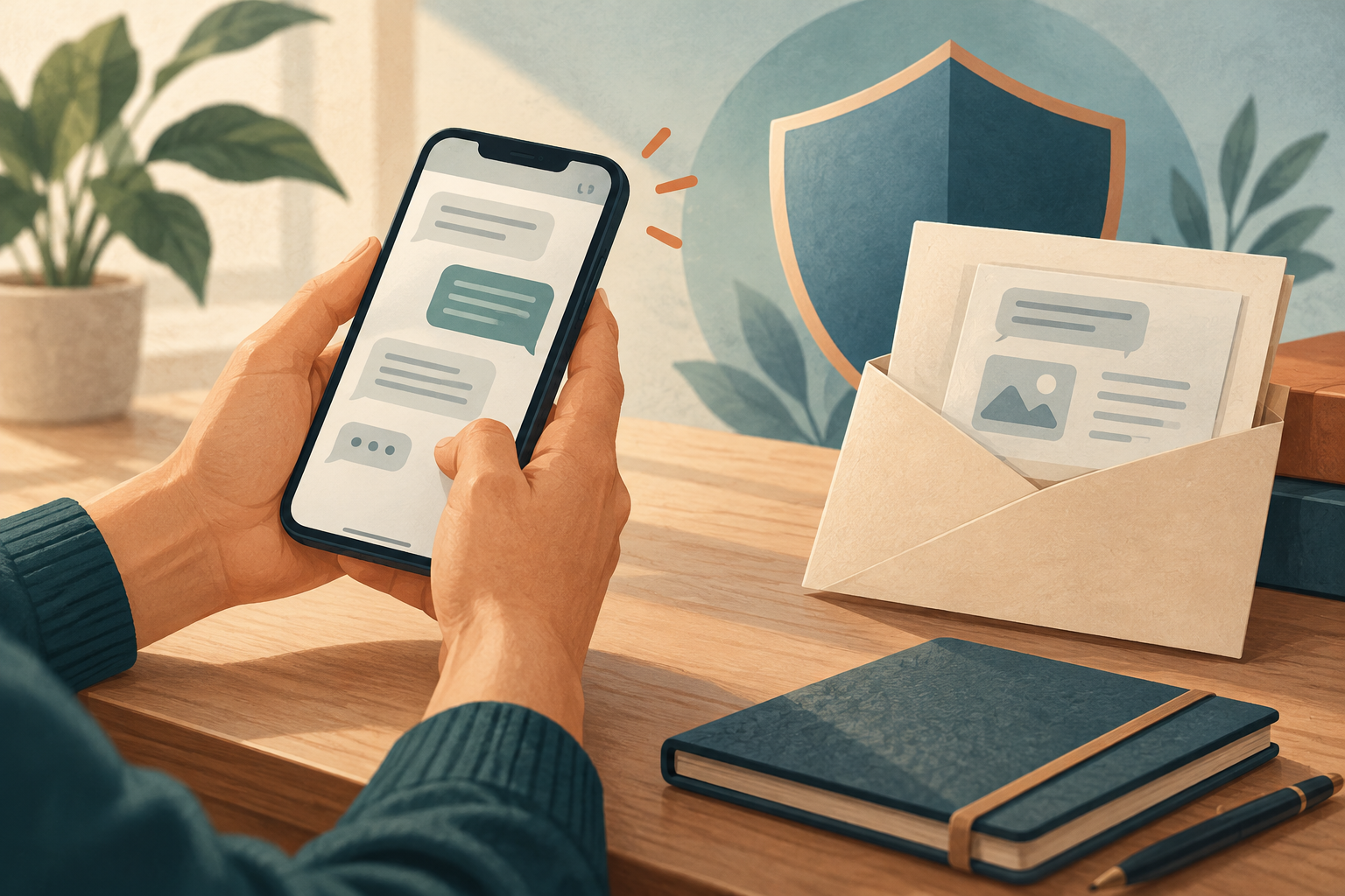 Ilustração de celular com mensagens abstratas, envelope com documentos e escudo de proteção.