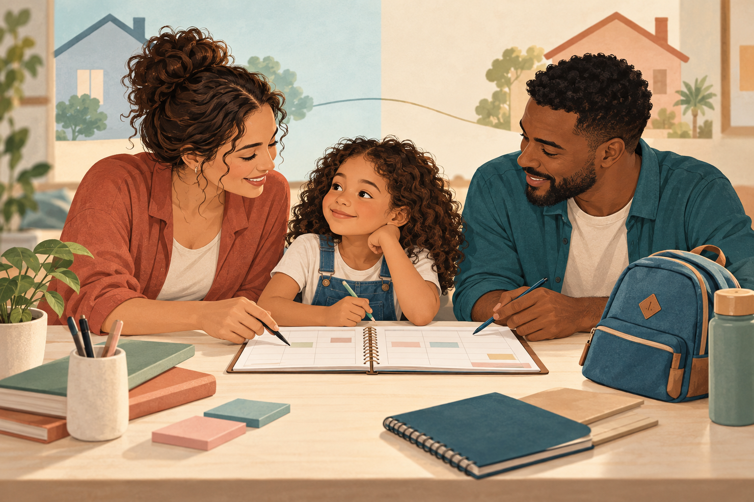 Ilustração de mãe e pai organizando a rotina de uma criança, com duas casas ao fundo.